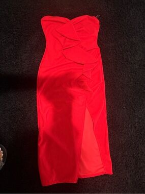 Strapless Red Ruffle Midi Dress